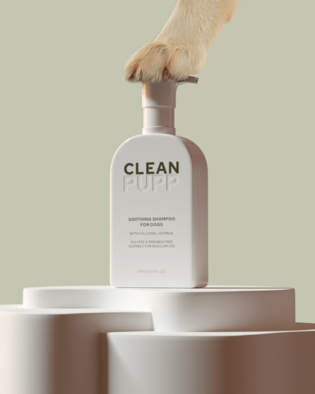 Dog paw on a bottle labeled 'Clean Pup' with a minimalistic background